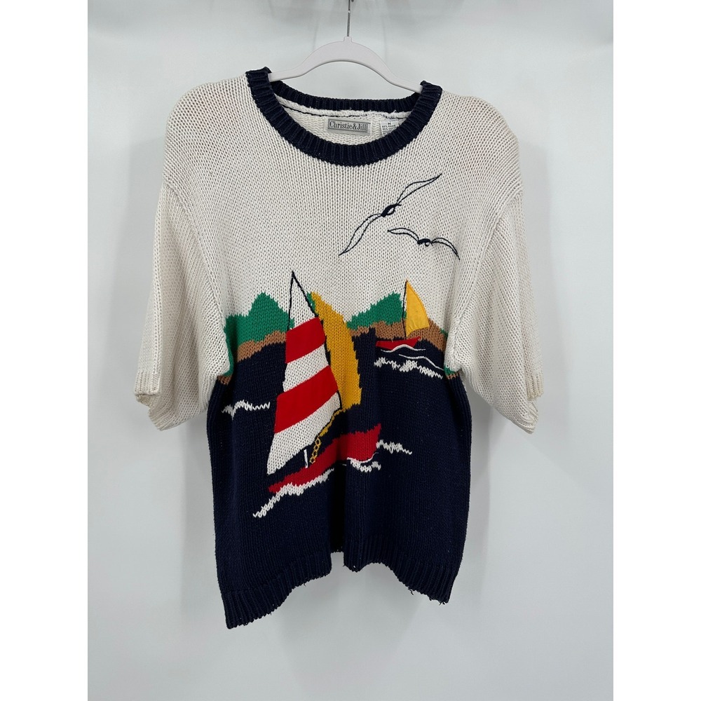 Womens Vintage Nautical Sailboat Intarsia Knit Sweater Size M Coastal Yacht 90s